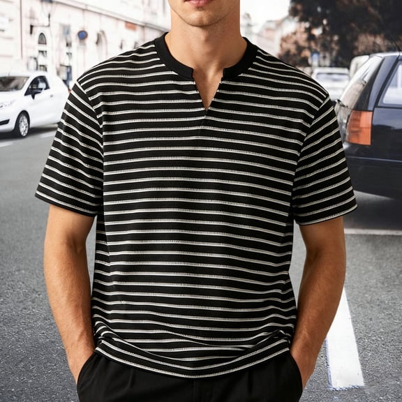 WAYUTE Mens Notch V‑Neck Henley T Shirts Classic Horizontal Striped Short Sleeve Casual Loose Fit T‑Shirts for Man,M