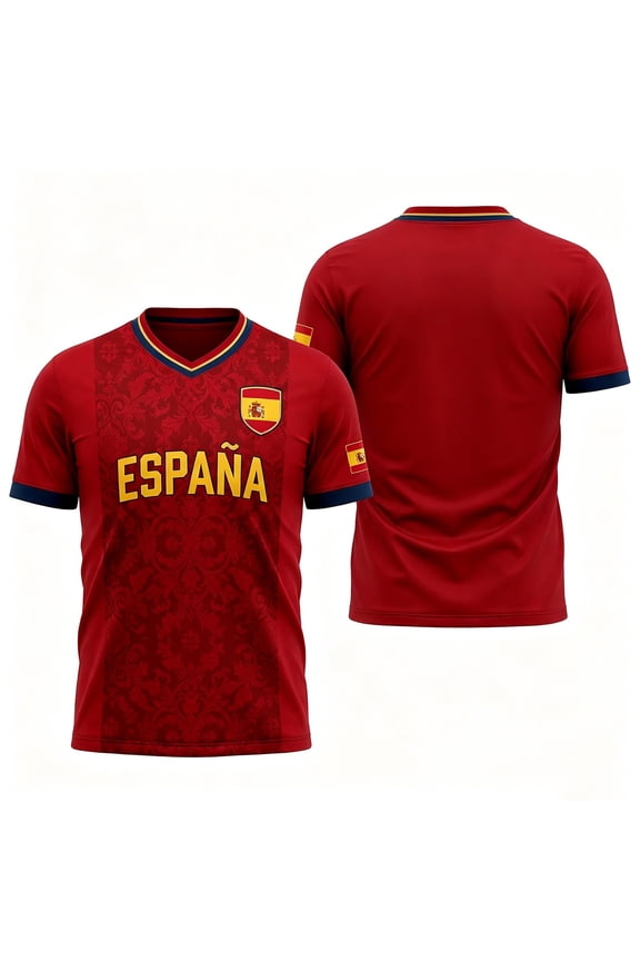 Mens Spain Football Tshirt Short Sleeve Crew Neck Football T Shirts for Man with National Flag Colors Detail Casual Breathable Workout Tee Top,Red,XL