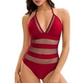 thumbnail image 1 of WAYUTE One Piece Swimsuit Women Mesh Rash Guard Slim Fit Deep V Neck Sheer Trendy Tummy Control Solid Color Bathing Suit, 1 of 6