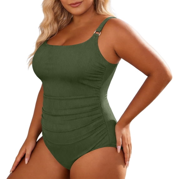 WAYUTE One Piece Swimsuit Women Ribbed Casual Pleated Swimsuit Plus Size Monokini Tankini for Beach Pool Tummy Control Swimwear