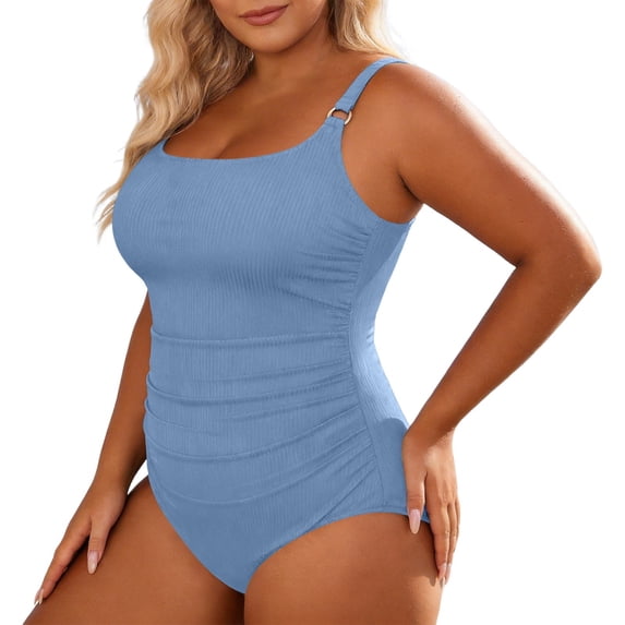 WAYUTE One Piece Swimsuit Women Ribbed Casual Pleated Swimsuit Plus Size Monokini Tankini for Beach Pool Tummy Control Swimwear