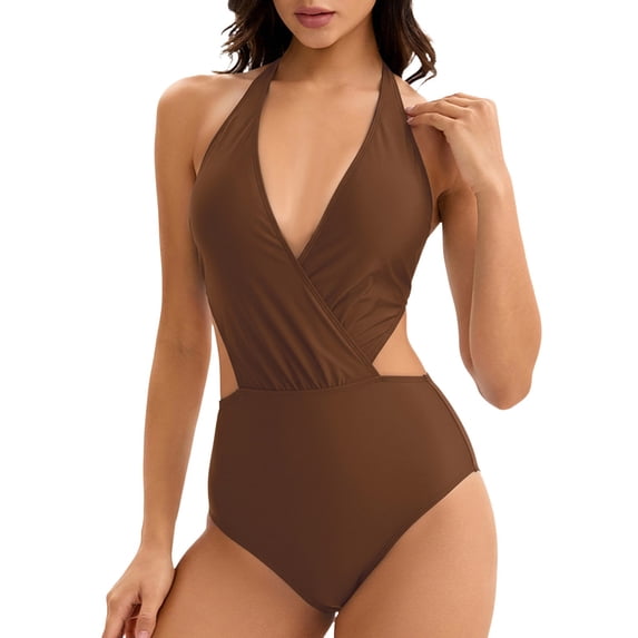 WAYUTE One Piece Swimsuit Women Solid Color High Cut Monokini Backless Rash Guard Elegant Tummy Control Summer Beach Bathing Suit