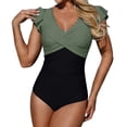 thumbnail image 1 of WAYUTE One Piece Swimsuit Women V Neck Rash Guard Stretch Comfort Fit Lace Up Ruffle Solid Color Tummy Control Swimwear, 1 of 5