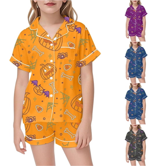 WAYUTE Pajamas for Girls Halloween Short Sleeve Cartoon Printed Notch Collared Playwear Shorts Set Toddler Kids 2 Piece Summer Home Outfit Pajama Set Casual Indoor,Orange,Size 8 Y-9 Y