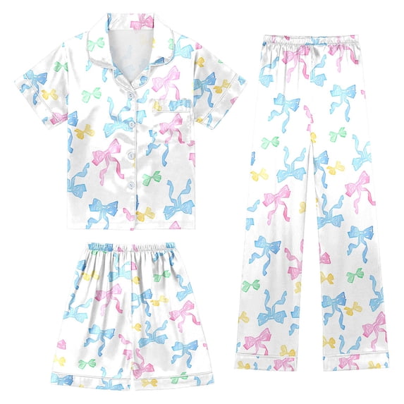 WAYUTE Pajamas for Girls for Kids 3 Piece Fall Short Sleeve Notch Collared Button Shirts Shorts Pants Soft Breathable Home Outfits Pajama Set Casual Indoor,White,Size 3 Y-4 Y