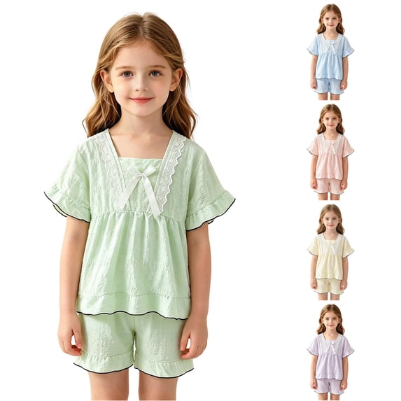 WAYUTE Pajamas for Girls Summer 2 Piece Ruffle Lace Trim Square Neck Long Sleeve Top and Pants for Toddler Kids Solid Color Home Outfit Loungewear Casual Daily Wear,Light Green,Size 2 Y-3 Y