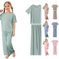 thumbnail image 1 of WAYUTE Pajamas for Girls Summer Ice Silk Ribbed Round Neck Short Sleeve Basic Top and Pants Home Outfit for Toddler and Kids Solid Nightwear Casual Indoor,Green,Size 5 Y-6 Y, 1 of 7