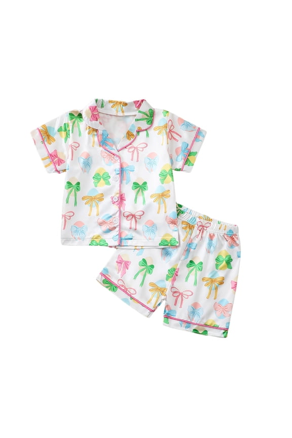 Pajamas for Girls Toddler Kids Short Sleeve Bow Print Notch Collar Comfortable Homewear 2 Piece Clothes Set Breathable Soft Pajama Set Casual Indoor,White,Size 18 M-24 M