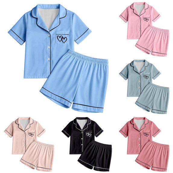 WAYUTE Pajamas for Girls Tween Heart Print Short Sleeve Notch Collared Button Top and Shorts Home Outfit with Pocket for Kids Soft Cute Pajama Set Casual Indoor,Sky Blue,Size 2 Y-3 Y