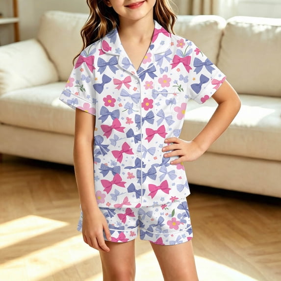 WAYUTE Pajamas for Girls Short Sleeve Bow Graphic Tee and Shorts Loungewear Pjs Set for Toddler Kids Home Outfits Casual Daily Wear