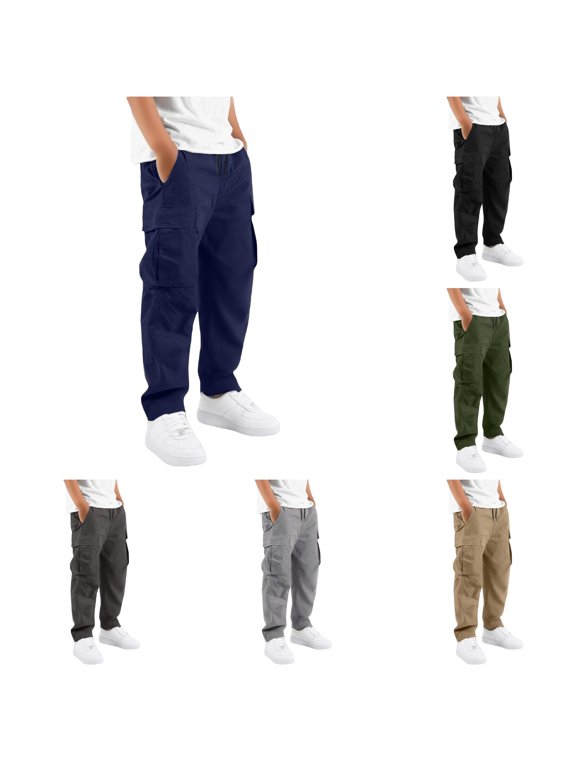 Pants for Boys Cargo Pants with Multiple Pockets Solid Color Straight Leg Comfort Dress Trousers for Kids Play and Daily Wear Casual Outdoor,7-8 Y,Dark Blue