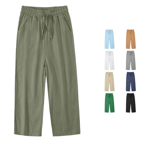 WAYUTE Pants for Boys Elastic Waist Straight Leg Cotton Linen Breathable Baggy Pants with Pockets for Kids Solid Color Soft Playwear Outdoor Casual,4-5 Y,Army Green