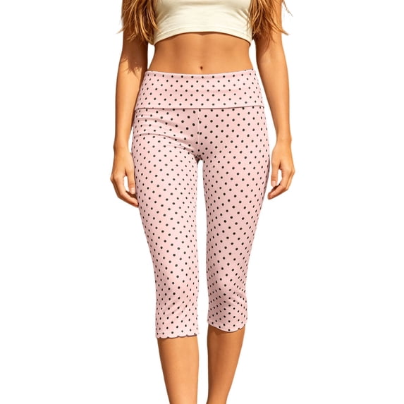WAYUTE Pants for Women Fold over High Waist Slim Fit Polka Dot Print Capri Leggings Street Stretchy Cropped Trousers Casual Daily Wear