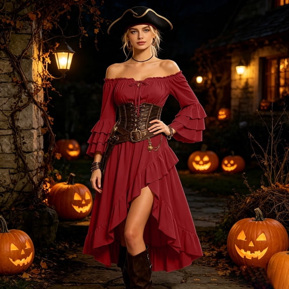 WAYUTE Pirate Costume for Women Off The Shoulder Flared Sleeve Solid Color Asymmetrical Ruffle A Line Dress Party Outfit Stylish Stage Performance