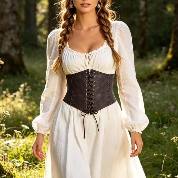 WAYUTE Pirate for Women Scoop Neck Breathable Solid Color Dress with Retro Corset Belt Clothes Set Halloween Stage Performance