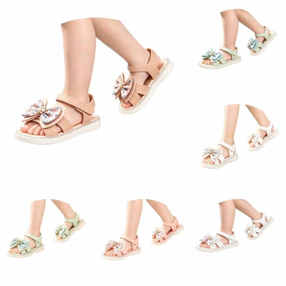 WAYUTE Sandals for Girls Slip On Soft Sole and Grip Bow Design Hook and Loop Open Toe Cute Princess Shoes for Casual Summer Beachwear,Brown,4 Y-5 Y
