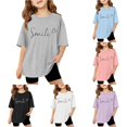 thumbnail image 1 of WAYUTE Shirts for Girls Oversized Short Sleeve Letter Printed Crewneck T Shirts for Kids School Fashion Summer Tops Basic Tees Outdoor Casual Tshirts,Grey, 1 of 6
