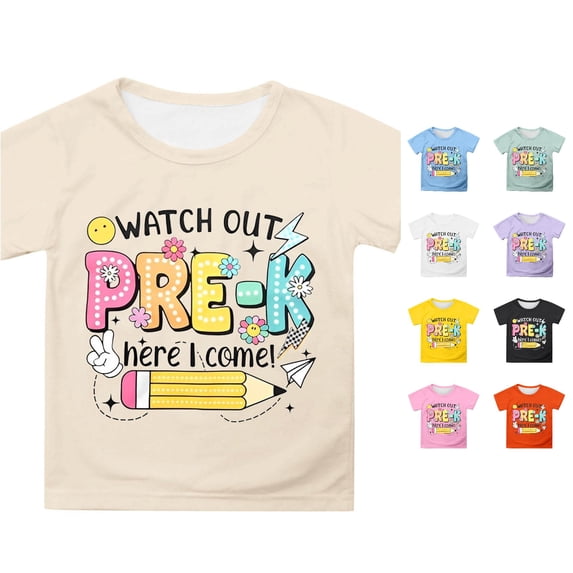 WAYUTE Shirts for Girls Short Sleeve Cartoon Print Round Neck Tees Shirt for Kids Back To School Outfits Summer Fall Daily Wear Casual Outdoor Tshirt,Beige