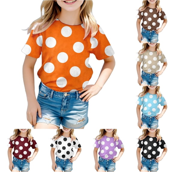 WAYUTE Shirts for Girls Toddler Kids Casual Short Sleeve Polka Dot Print Tee Comfortable Blend Top for Casual Summer Everyday Wear,Orange,Size 9 Y-10 Y