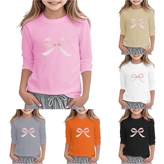 WAYUTE Shirts for Girls 3/4 Sleeve Bow Graphic Tee Shirt Casual Round Neck Summer Top for Kids Tween Loose Fit Daily Wear,Pink,Size 4 Y-5 Y