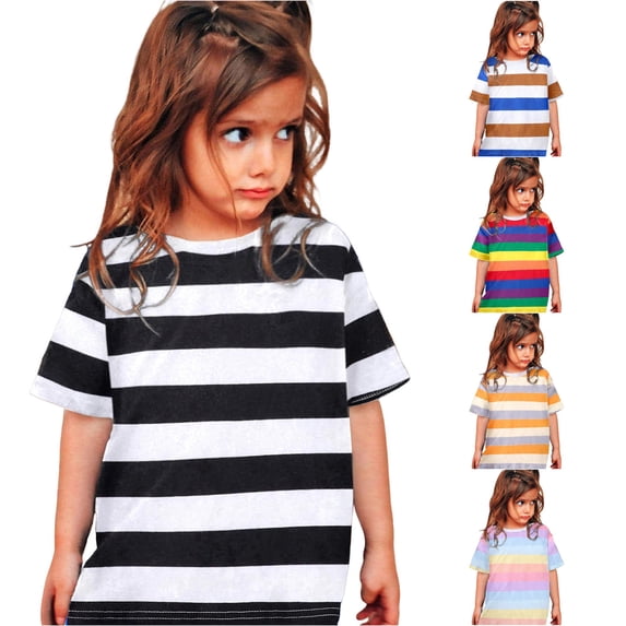 WAYUTE Shirts for Girls Colorful Striped Print Summer Short Sleeve Crew Neck T-Shirt for Kids Comfortable Casual Summer Top,Black,Size 12 Y-13 Y