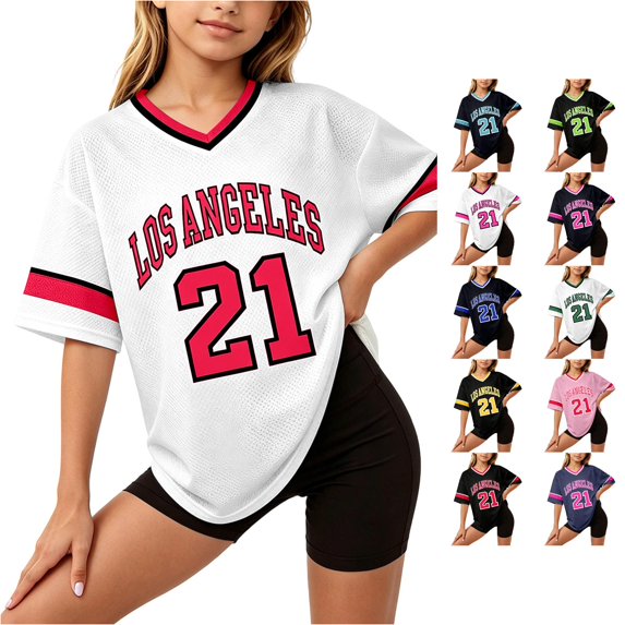 WAYUTE Shirts for Girls Letter Printed V Neck Short Sleeve Breathable Soft Sporty Top for Casual Stylish Workout Tee Shirt,White1,Size 9 Y-10 Y