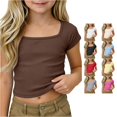 thumbnail image 1 of WAYUTE Shirts for Girls Ribbed Knit Crop Top Raglan Short Sleeve Tee Square Neck Solid Color Casual Basic Shirt for Kids Youth,Brown,Size 5 Y-6 Y, 1 of 7
