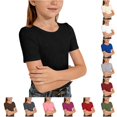 thumbnail image 1 of WAYUTE Shirts for Girls Ribbed Knit Short Sleeve Crewneck Tee Soft Slim Fit Solid Color Basic Top for Toddler Kids Casual Summer,Black,Size 13 Y-14 Y, 1 of 4