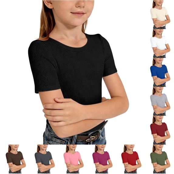 WAYUTE Shirts for Girls Ribbed Knit Short Sleeve Crewneck Tee Soft Slim Fit Solid Color Basic Top for Toddler Kids Casual Summer,Black,Size 13 Y-14 Y