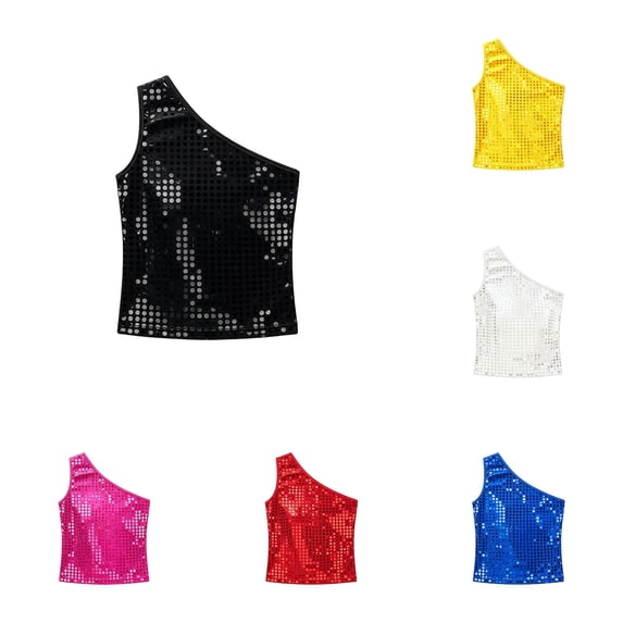 WAYUTE Shirts for Girls Sequin Polka One Shoulder Sleeveless Tank Top for Kids Youth Festival Stage Performance Shirt Casual Outdoor,Black