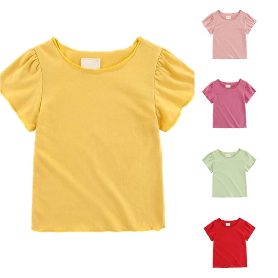WAYUTE Shirts for Girls Soft Summer Short Sleeve Tee Shirt for Toddler Casual Round Neck Top Comfortable Everyday Basic Shirt,Yellow,Size 3 Y-4 Y