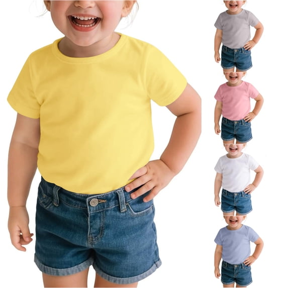 WAYUTE Shirts for Girls Toddler Baby Kids Casual Short Sleeve Solid Color Summer Top for Lightweight Crew Neck Basic Tee Shirt,Yellow,Size 4 Y-5 Y