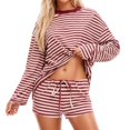 thumbnail image 1 of WAYUTE Short Sets Women 2 Piece Outfits Casual Long Sleeve Striped Shorts Sets with Drawstring for Srping Fall Comfortable Soft Outfit, 1 of 7