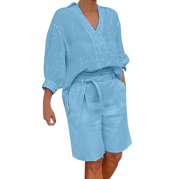 WAYUTE Short Sets Women 2 Piece Outfits Casual Solid Color V Neck Loose Fit Top and Knee Length Belted Shorts Set Thin Breathable Streetwear