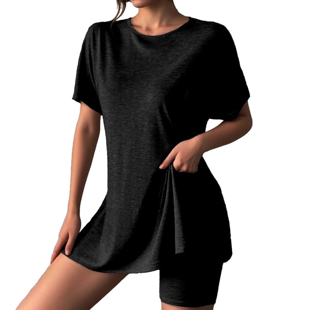 WAYUTE Short Sets Women 2 Piece Outfits Casual Solid Round Neck Short Sleeve Summer High Slit Top Shirt Shorts Set