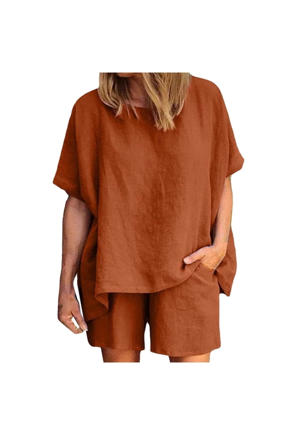 Short Sets Women 2 Piece Outfits Ladies Loose Cozy Casual Round Neck Solid Color Cotton Shorts Trendy Outdoor Activities Summer Outfit