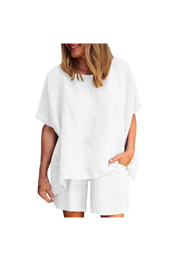 Short Sets Women 2 Piece Outfits Ladies Loose Cozy Casual Round Neck Solid Color Cotton Shorts Trendy Outdoor Activities Summer Outfit