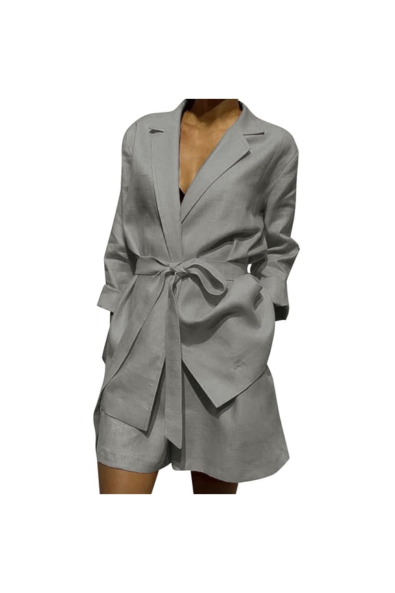 Short Sets Women 2 Piece Outfits Lapel Business Office Plain V Neck Long Sleeve Suit Jacket Slim Fit Solid Color Shorts Sets