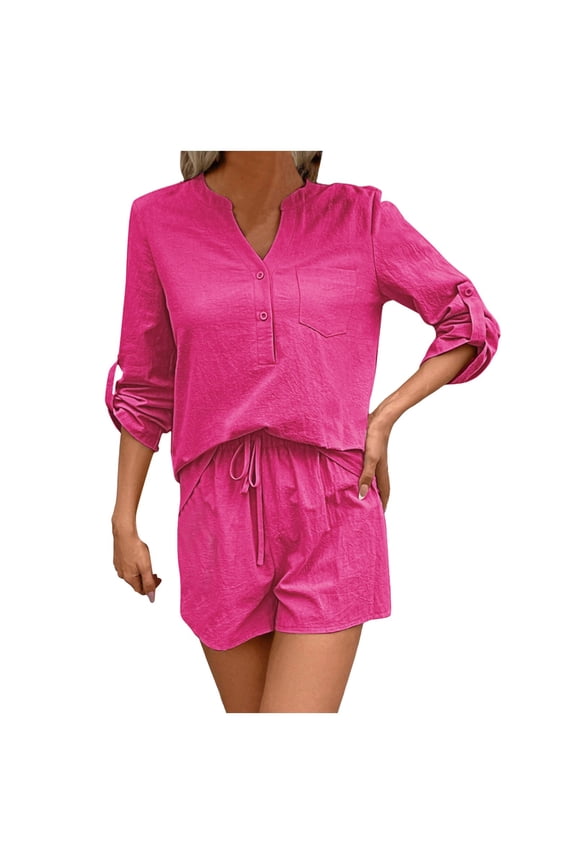 Short Sets Women 2 Piece Outfits Solid Color Short Sleeve V Neck Shirts and Shorts Conditioning Trendy Casual Homewear Summer Outfit