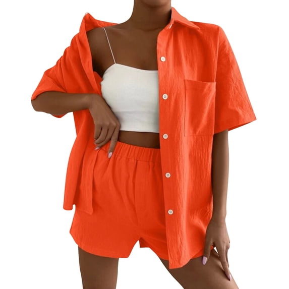 WAYUTE Short Sets Women 2 Piece Outfits V Neck Solid Color Shorts and Shirt Top Shirt Slim Suits Travel Vacation Fashion Casual Summer Outfit