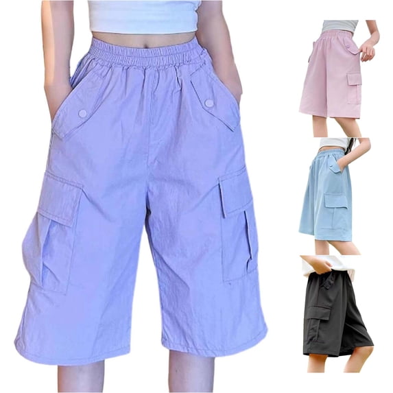 WAYUTE Shorts for Girls Elastic Waist Summer Solid Color Outerwear Bermuda Shorts with Multi Pockets for Kids Thin Breathable Athletic Casual Outdoor,Purple
