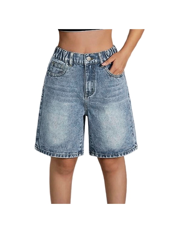 Shorts for Girls High Waist Button Front Loose Baggy Denim Shorts with Pockets for Kids Stretch Bermuda Jeans Shorts Casual Clothes,Light Blue