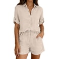 thumbnail image 1 of WAYUTE Shorts Sets for Women 2 Piece Summer Short Sleeve Button Down Solid Color Shirt and Shorts Casual Business Beach Outfit Clothing Sets, 1 of 4
