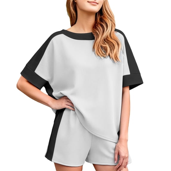 WAYUTE Shorts Sets for Women Plus Size Casual Summer Patchwork Color Short Sleeve T Shirt and Shorts Athletic 2 Piece Sports Outfit Clothing Sets