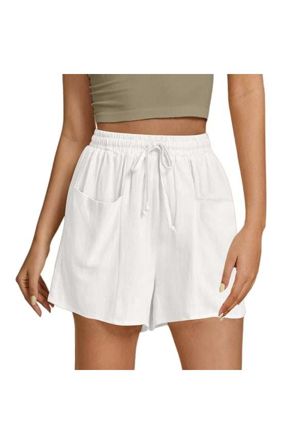 Shorts for Women Summer Solid Color Linen High Waist Drawstring Shorts Stylish Loose Fit Beach Shorts with Pockets for Casual and Vacation Wear
