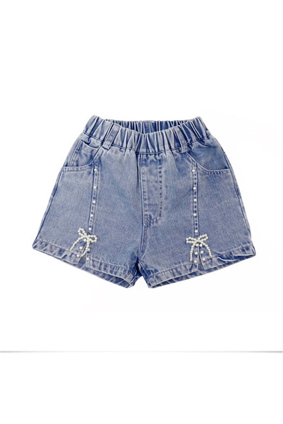 Shorts for Girls Elastic Waisted Pearl Denim Shorts Summer Fashion Split Hot Pants for Toddler Kids Thin Jeans Shorts Casual Clothes,Blue