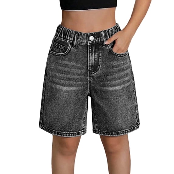 WAYUTE Shorts for Girls High Waist Button Front Loose Baggy Denim Shorts with Pockets for Kids Stretch Bermuda Jeans Shorts Casual Clothes,Black