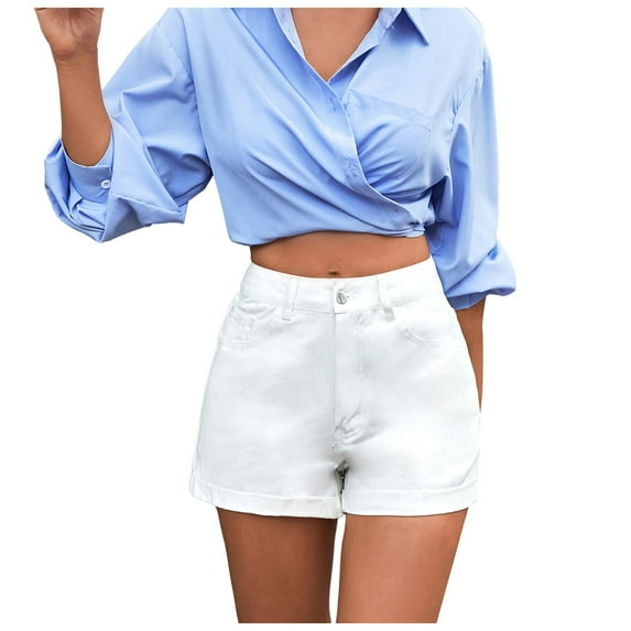 WAYUTE Shorts for Women Elastic Waist Drawstring Casual High Waist Rugged Denim Shorts Fashion