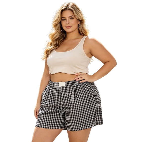 WAYUTE Shorts for Women Plus Size Elastic Waist Casual Plaid Print Shorts with Button Front Summer Comfortable Stretch Bottom,Black,3XL