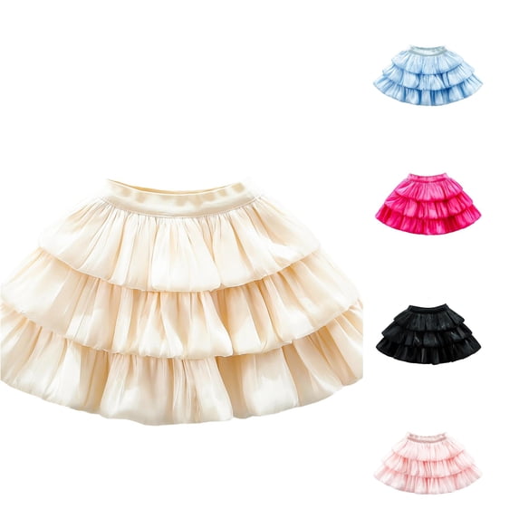 WAYUTE Skirts for Girls Satin Tiered Ruffle Skirt Shiny Tiered Cake Skirt Elastic Waist Party Skirt Casual Outdoor,Beige,5-6 Y